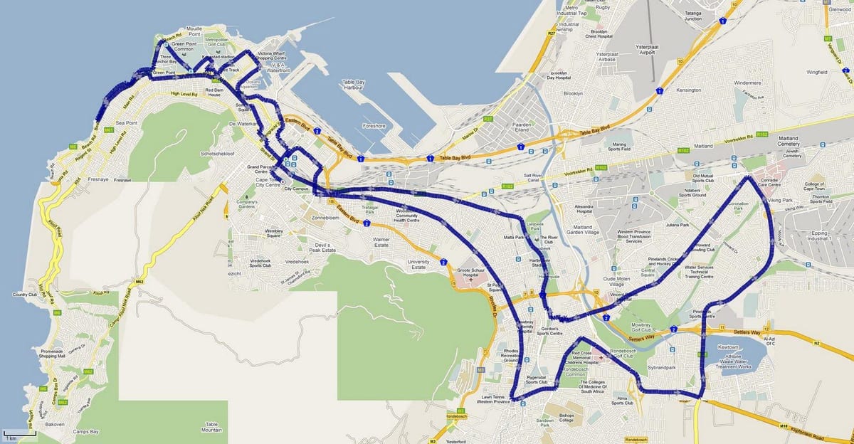 kartes Cape Town maratona maršruts