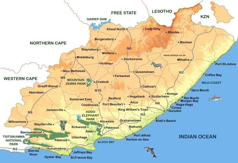 karte eastern Cape Pilsētu