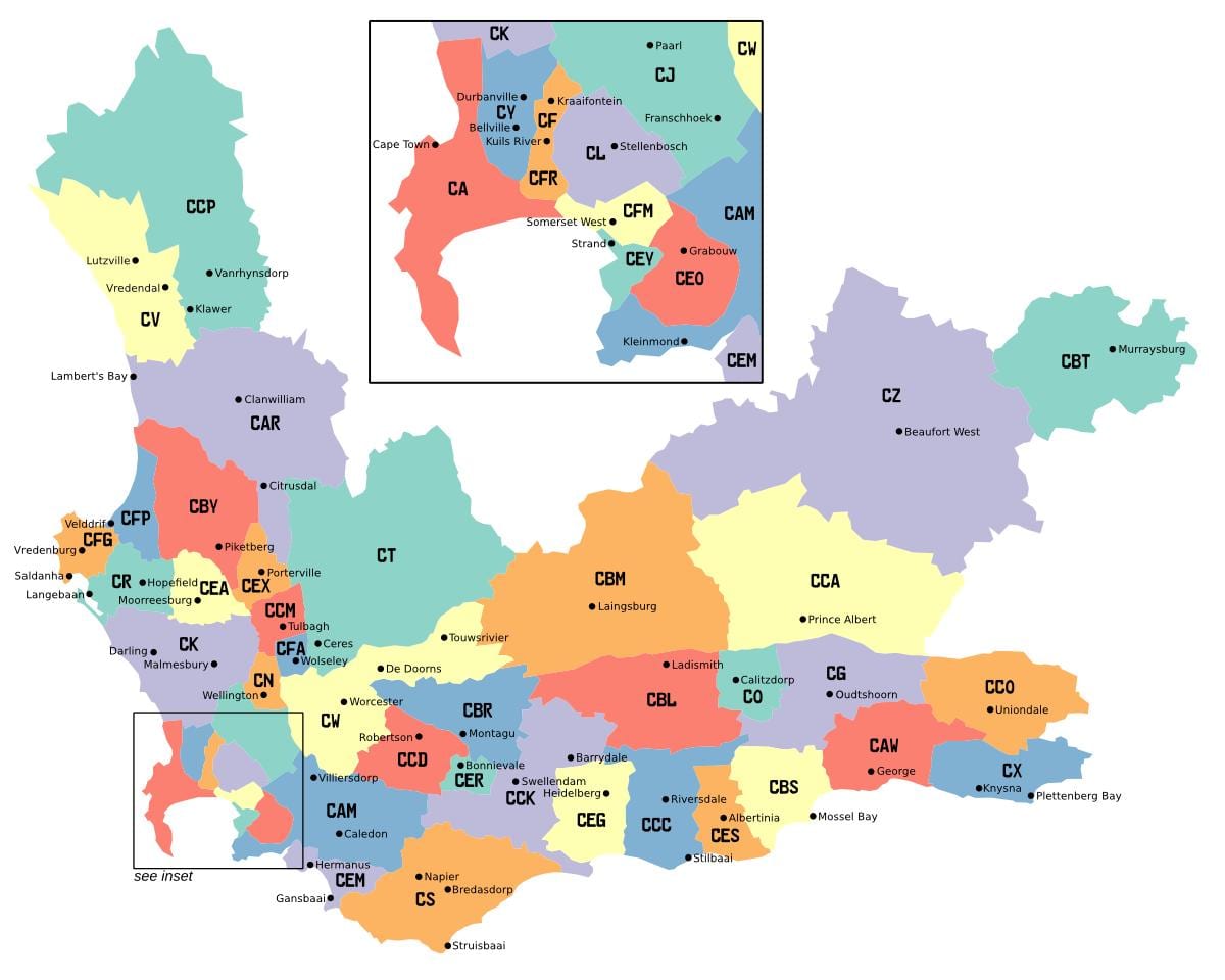 karte western cape priekšpilsētas