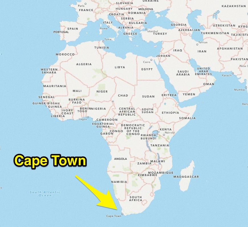 Cape Town atrašanās vietu uz pasaules kartes