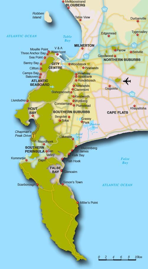 karte ziemeļu priekšpilsētām Cape Town