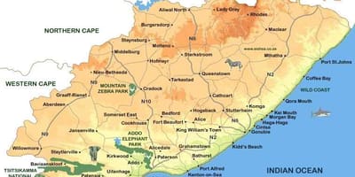 Karte eastern Cape Pilsētu