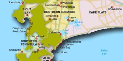 Karte ziemeļu priekšpilsētām Cape Town